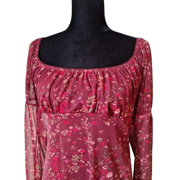 Vintage 90s Grunge Floral Mesh Babydoll Bell Sleeve Empire Waist Dress Women M - Picture 4 of 10